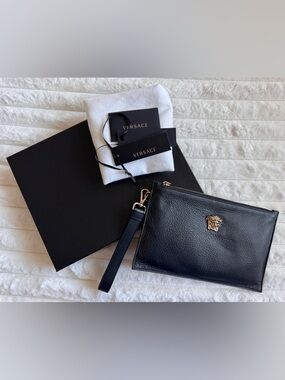 VERSACE Black and Gold Leather Pouch/Wristlet